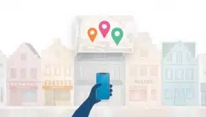 Illustratie van een Nederlandse winkelstraat met een Google Local Pack-venster en locatiepinnen boven lokale mkb-bedrijven.