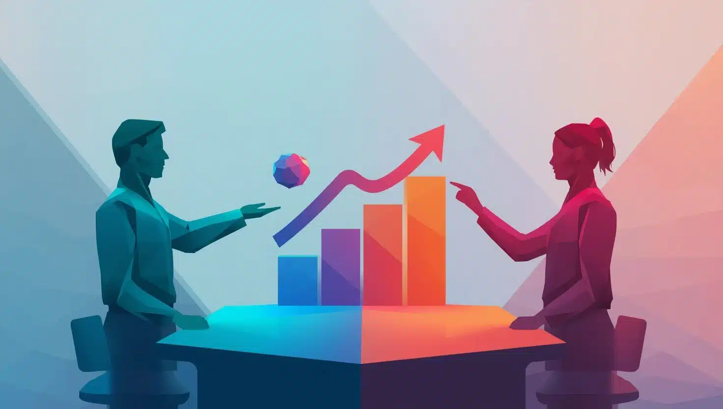 Illustratie van MKB-ondernemer en SEO-specialist die samen een groeigrafiek en prioriteitenlijst bespreken aan een werktafel.