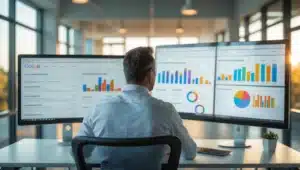 Marketeer analyseert Google zoekresultaten op twee monitors met organische en betaalde resultaten naast elkaar