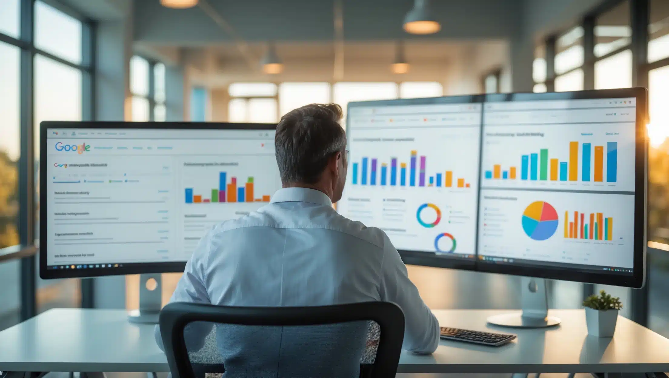 Marketeer analyseert Google zoekresultaten op twee monitors met organische en betaalde resultaten naast elkaar