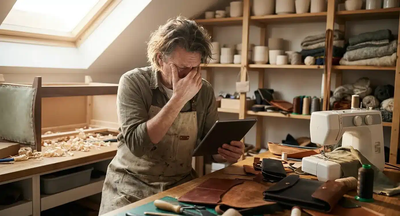 Ondernemer in werkplaats kijkt gefrustreerd naar tablet terwijl hij aan werkbank zit met naaimachine en materialen.