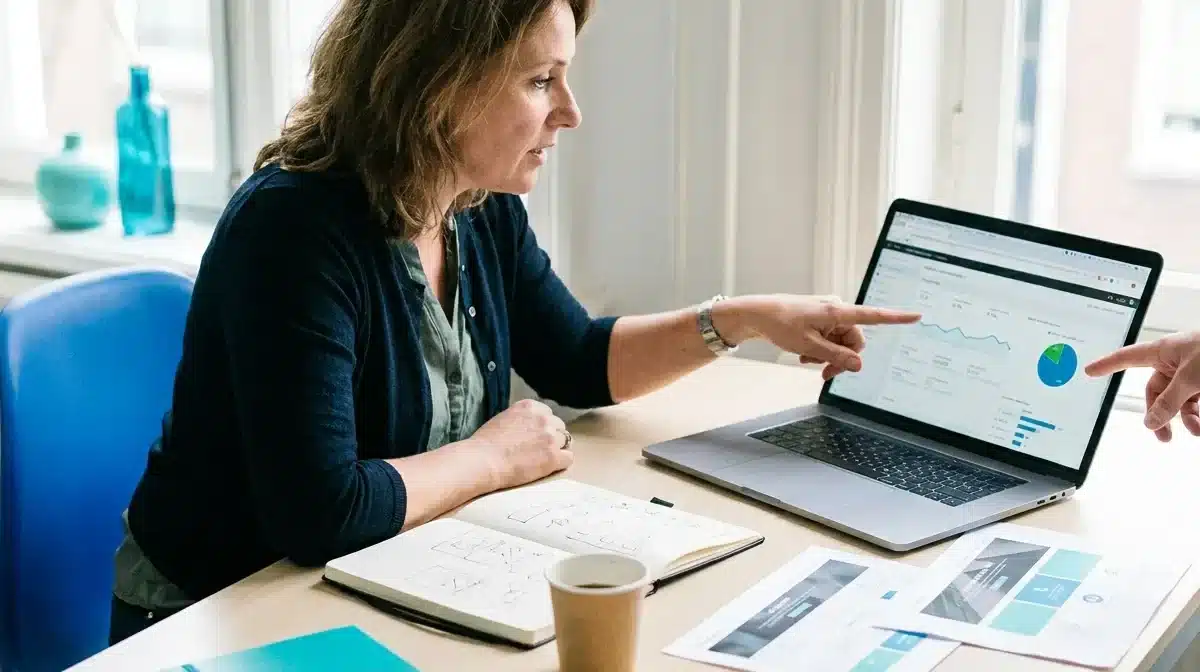 Ondernemer bespreekt analyticgegevens en conversiegrafieken op laptop met collega aan bureau.