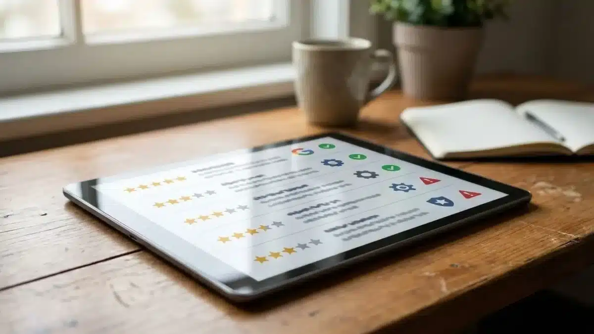 Tablet op bureau toont beoordelingen van webdesignbureaus met sterren, logo's en waarschuwingspictogrammen die nep-reviews
