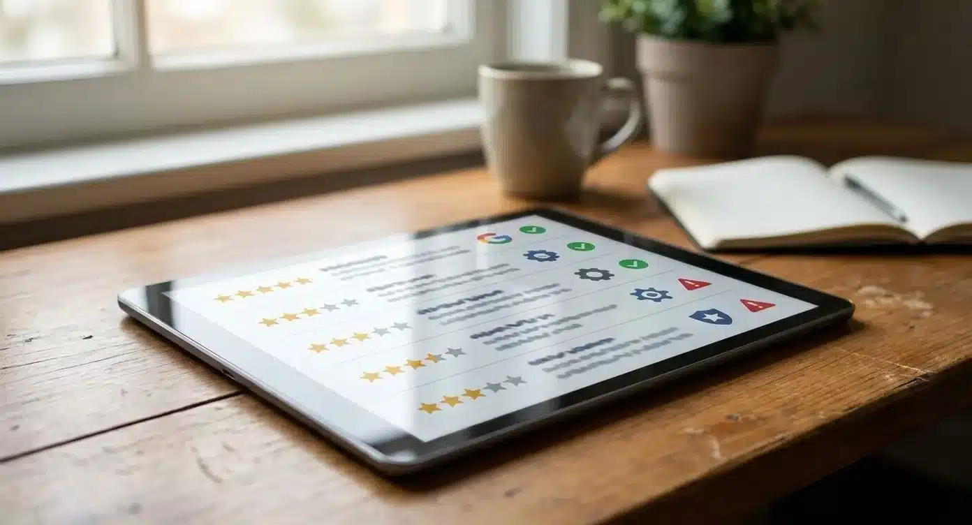 Tablet op bureau toont beoordelingen van webdesignbureaus met sterren, logo's en waarschuwingspictogrammen die nep-reviews