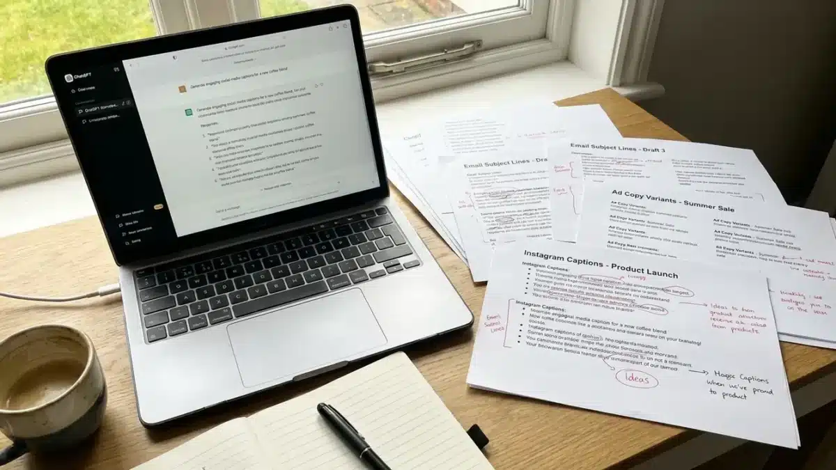 Laptop met ChatGPT-interface naast uitgeprinte marketingtekstvarianten met handgeschreven aantekeningen op een houten bureau.