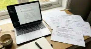 Laptop met ChatGPT-interface naast uitgeprinte marketingtekstvarianten met handgeschreven aantekeningen op een houten bureau.