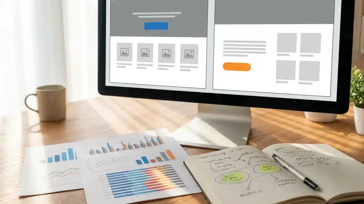 Monitoren tonen split-screen A/B test vergelijking met twee websiteversies en analytics dashboard, omgeven door printouts