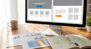 Monitoren tonen split-screen A/B test vergelijking met twee websiteversies en analytics dashboard, omgeven door printouts