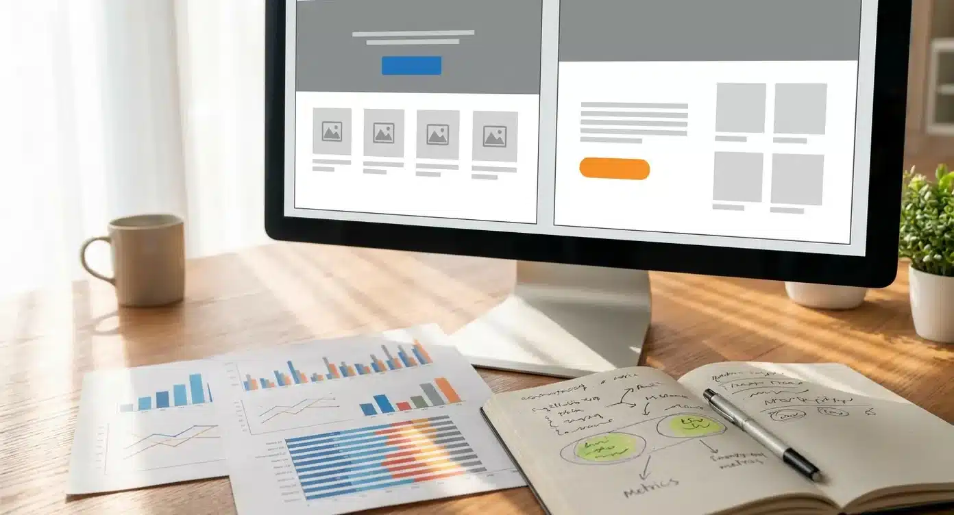 Monitoren tonen split-screen A/B test vergelijking met twee websiteversies en analytics dashboard, omgeven door printouts
