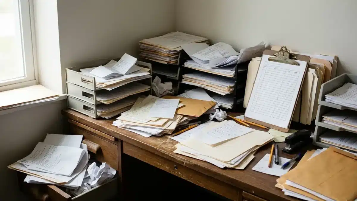 Rommelige administratiehoek vol papieren facturen, handgeschreven notities en ongeorganiseerde dossierstapels op bureau en