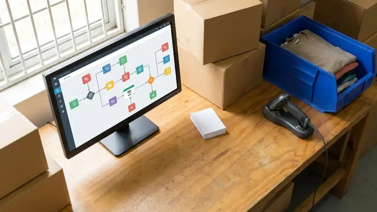 Monitor toont email automation dashboard met gekleurde workflow-blokken, omgeven door pakketdozen en een blauwe opbergbak in
