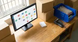 Monitor toont email automation dashboard met gekleurde workflow-blokken, omgeven door pakketdozen en een blauwe opbergbak in