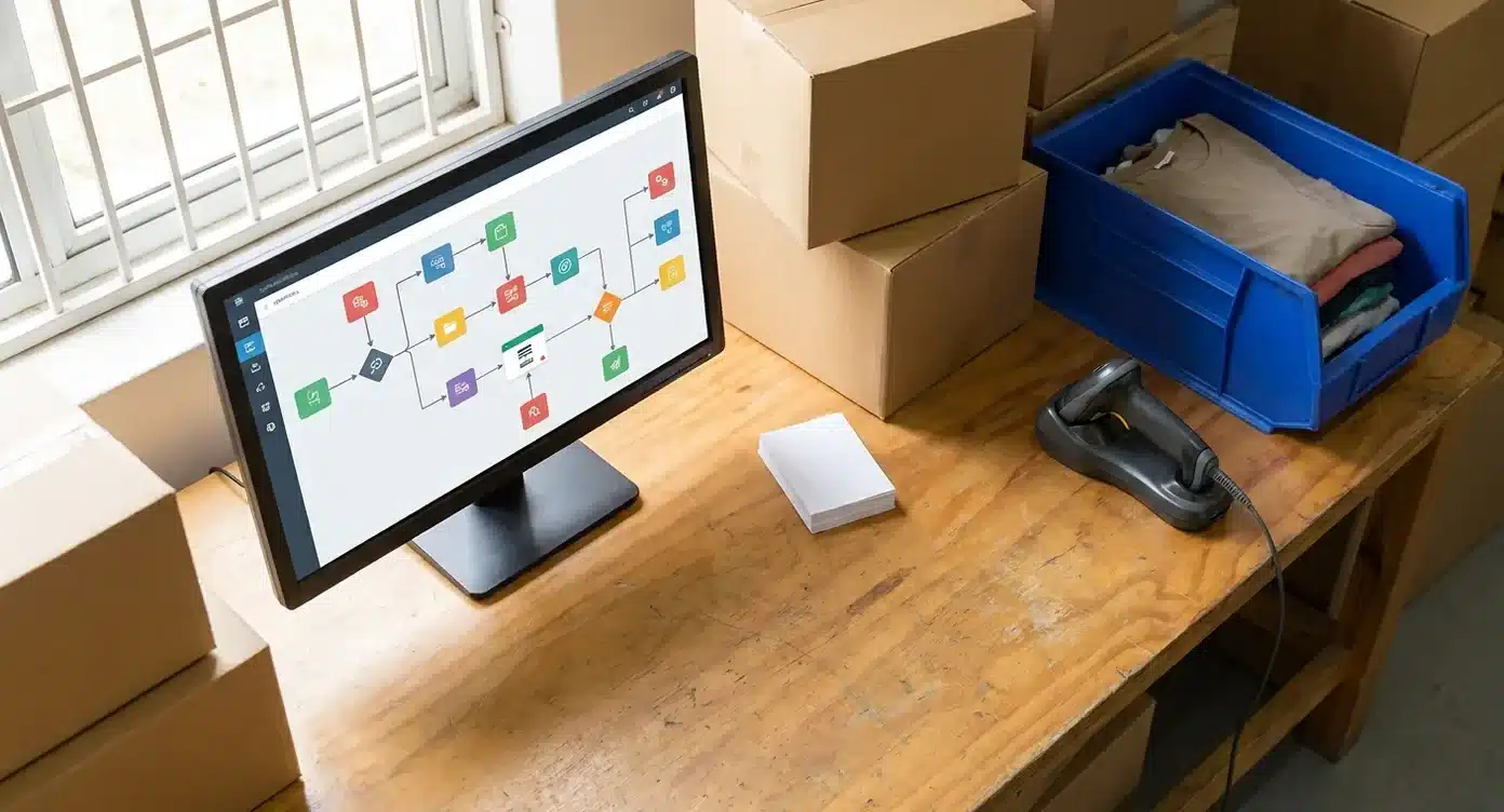 Monitor toont email automation dashboard met gekleurde workflow-blokken, omgeven door pakketdozen en een blauwe opbergbak in