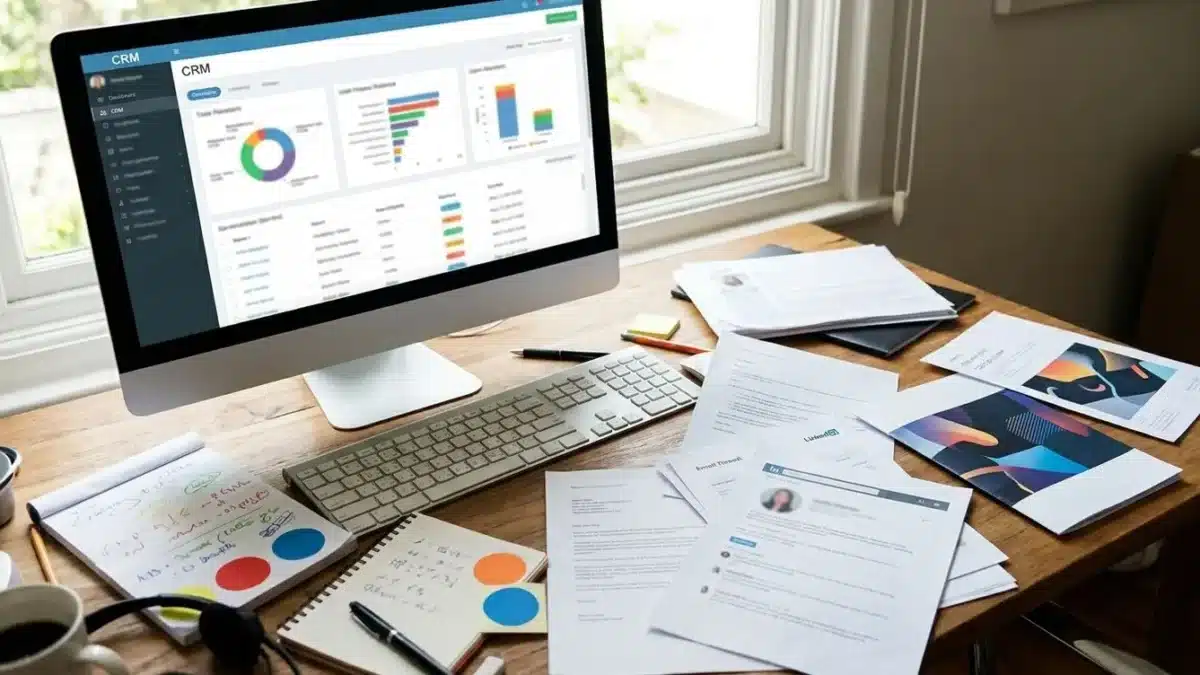 Sales desk met CRM-dashboard op monitor, omgeven door leadgegevens, grafieken en werkdocumenten voor leadmanagement.