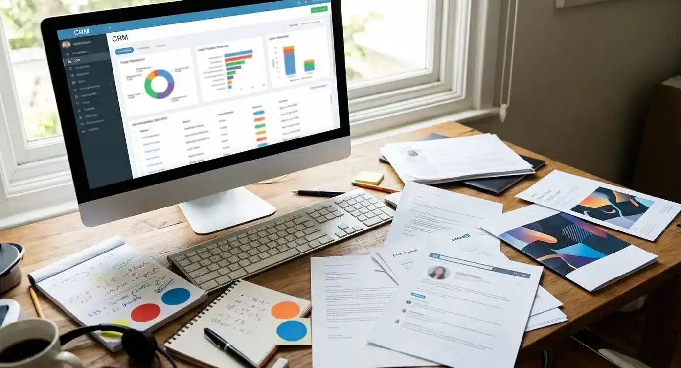 Sales desk met CRM-dashboard op monitor, omgeven door leadgegevens, grafieken en werkdocumenten voor leadmanagement.