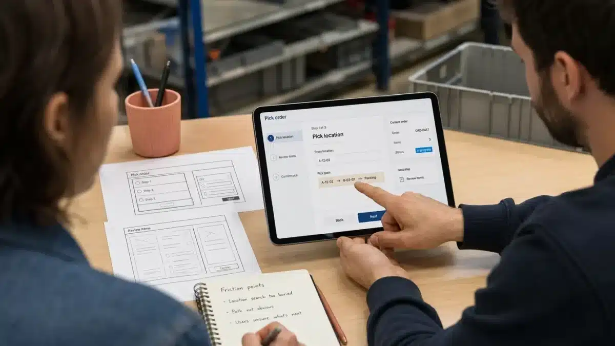 UX-designers werken samen aan een pick order interface op tablet met wireframes en aantekeningen over friction points op