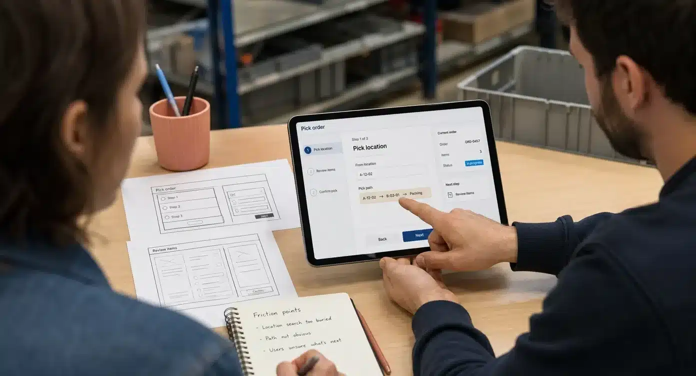 UX-designers werken samen aan een pick order interface op tablet met wireframes en aantekeningen over friction points op