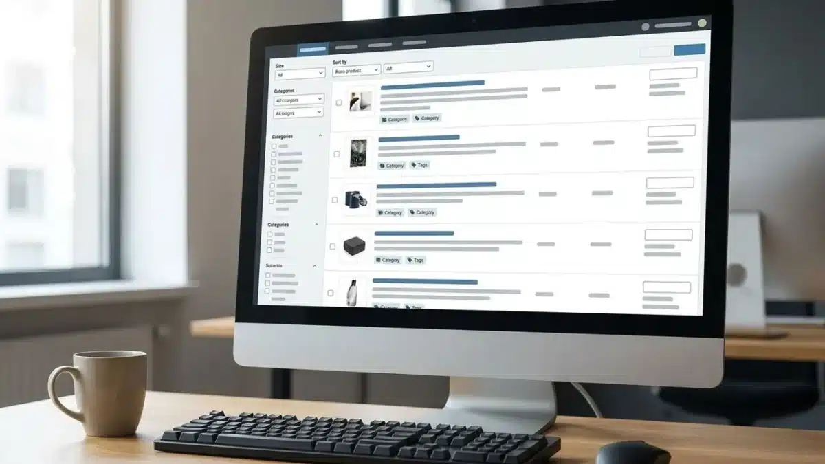 E-commerce CMS dashboard met productcatalogus, filteropties en gestructureerde productgegevens met categorieën en tags voor