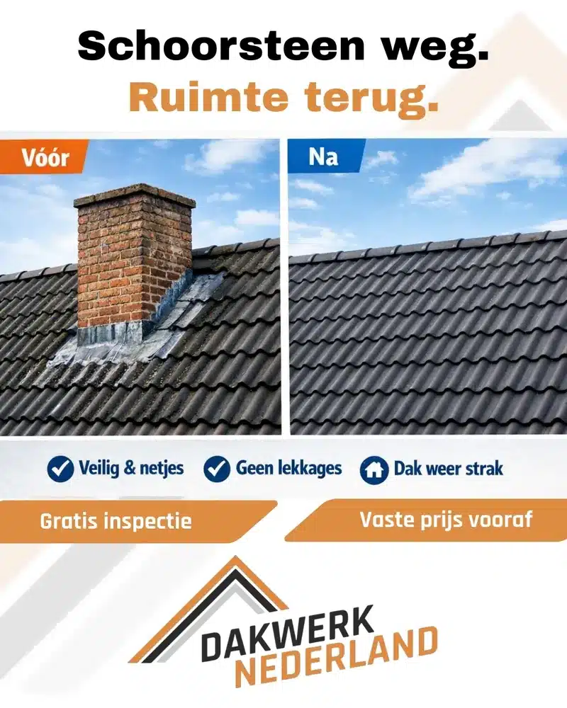 Advertentie van Dakwerk Nederland: Schoorsteen weg. Ruimte terug. Met een voor- en nafoto