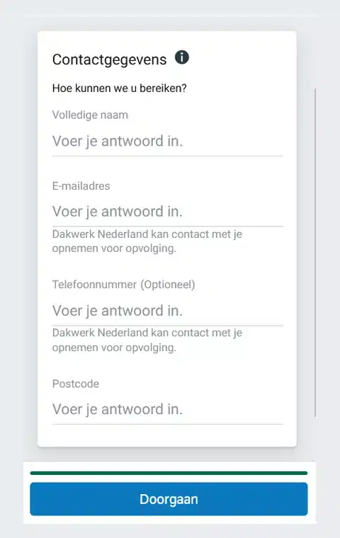 Leadformulier van Dakwerk Nederland: contactgegevens met naam, e-mailadres, telefoonnummer en postcode