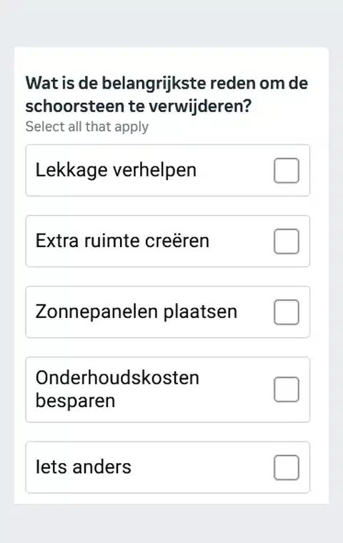 Leadformulier van Dakwerk Nederland: wat is de belangrijkste reden om de schoorsteen te verwijderen?