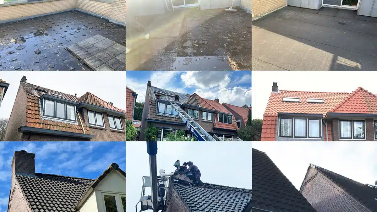 Collage van dakprojecten van Dakwerk Nederland: platte daken, pannendaken en schoorstenen