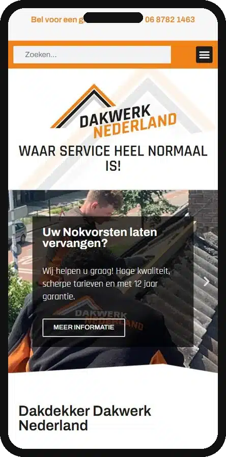 De website van Dakwerk Nederland op een smartphone